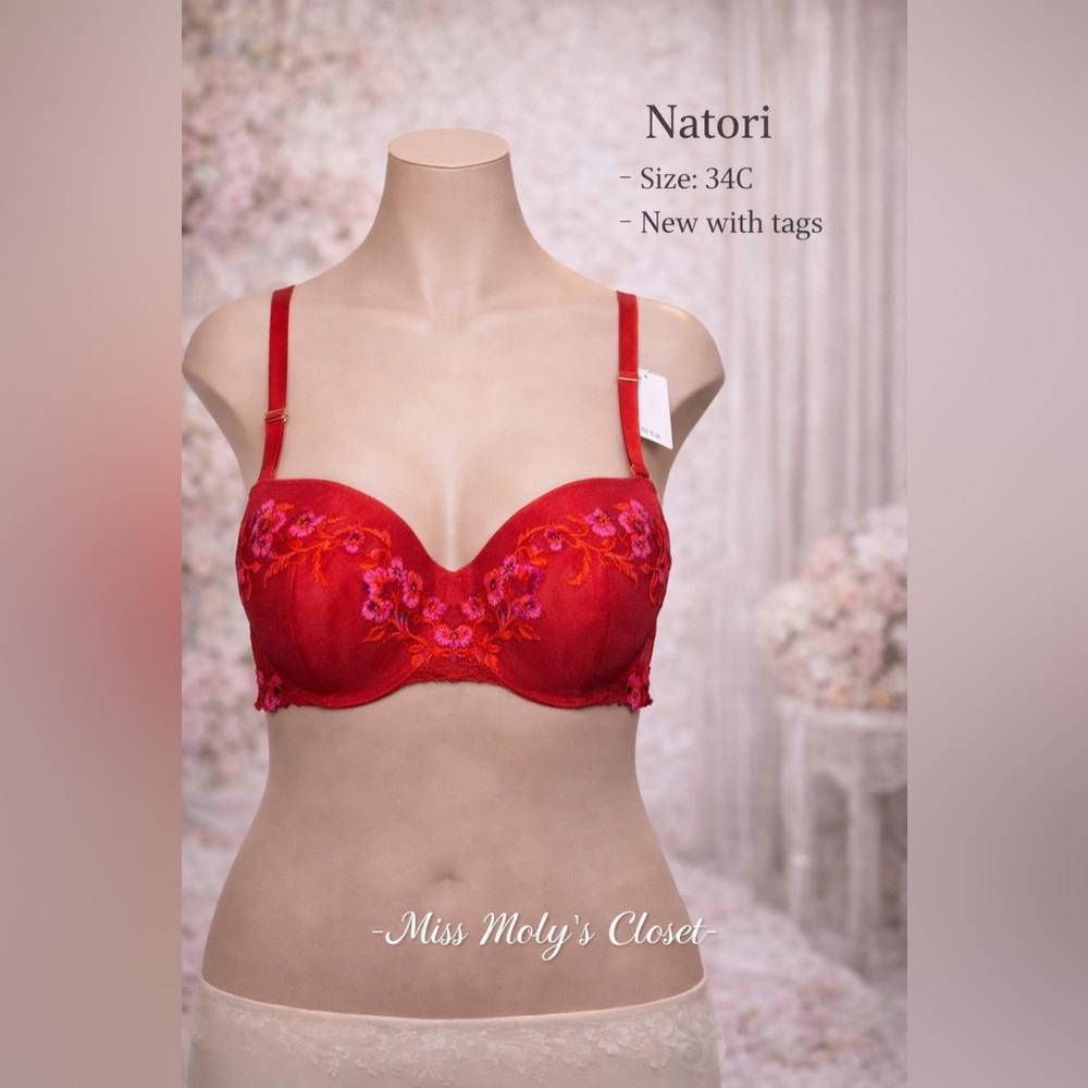 Natori Red Embroidered Lace Bra 34C Sexy Underwire Lingerie Floral